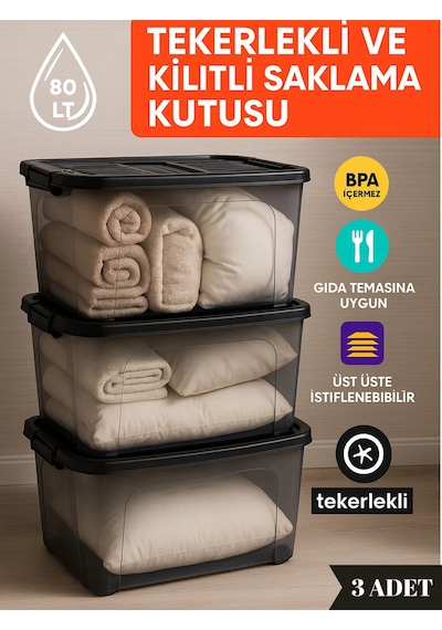 80 Litre 3 Adet Saklama Depolama Siyah