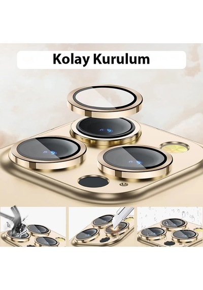 Ally iPhone Uyumlu 14 Pro-14 Pro Max 3d Metal Çerçeveli Kamera Lens Koruyucu- 5775 Altın