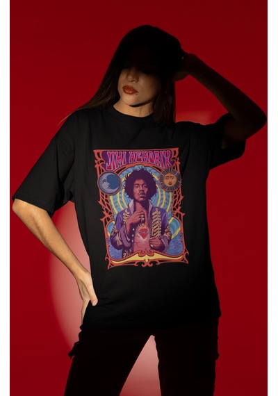 Tasarım Jimi Hendrix Efsane Şarkıcı Baskılı Unisex Oversize Tişör Siyah