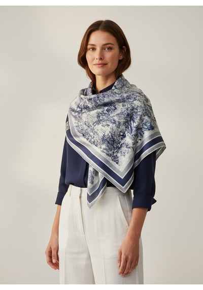 Miorel Scarfs Safari Tema Çift Taraflı Vual İpek Eşarp Silk Scarf Hijab Aksesuar Fular Cd Desen Mavi