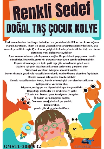 Sertifikalı Renkli Sedef Doğal Taş Çocuk Kolyesi Asansörlü Kilit Sistemi Çok REnkli
