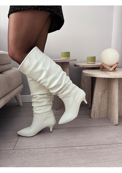 Asmi Shoes Kadın Oslo Topuklu Körüklü Şık Tarz Günlük Rahat Çizme Beyaz Beyaz