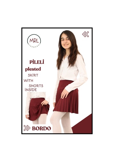 Kız Çocuk Pileli Etek Bordo Yüksek Bel İçi Şortlu Likra Kumaş Okul-oyun-spor-etkinlik Eteği 4103 Bordo