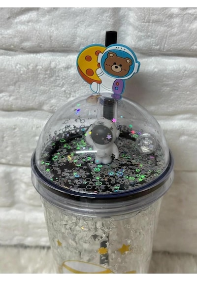 Pipetli Bardak Matara Sevimli Suluk 450 Ml Çift Astronot Figürlü Beyaz