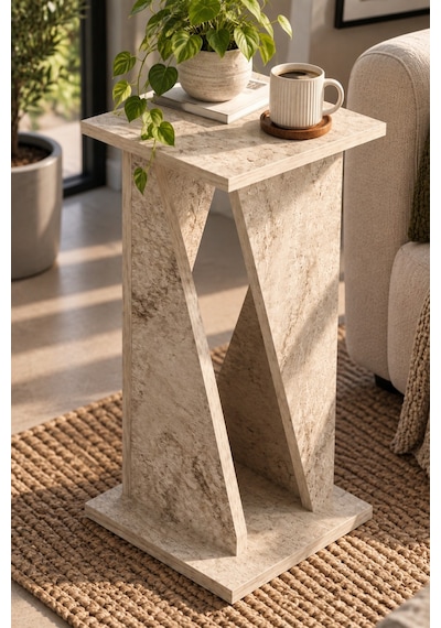 Sulorahome Modern Mermer Desenli Yan Sehpa 30x30x60 Cm