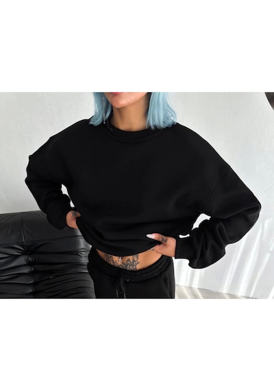 Kışlık Bisiklet Yaka Üç İplik Basic Sweatshirt - Siyah