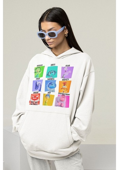 Çizgi Film Ters Yüz Baskılı Unisex Oversize Insiide Out Hoodie Beyaz