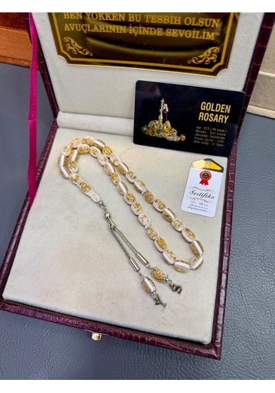 Özel Yazılı Ve Özel Kutulu 24k Altın Parçacıklı Beyaz Tesbih Sertifikalı Kisiye Özel Harfli Hediye