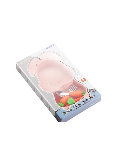 Pembe Vakumlu Silikon Mama Tabağı, Silikon Saplı Metal Uçlu Çatal Ve Kaşık Tavşan Figürlü