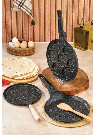 Polochef Granit Krep + Pankek + Gözleme Tavası Set Siyah