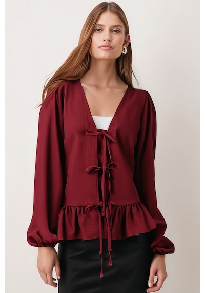 Armonika Kadın Bordo Önden Bağlamalı Etek Ucu Fırfırlı Kolları Lastikli Bluz Arm-26k001019 Armonika Kadın Bordo Önden Bağlamalı Etek Ucu Fırfırlı Kolları Lastikli Bluz Arm-26k001019
