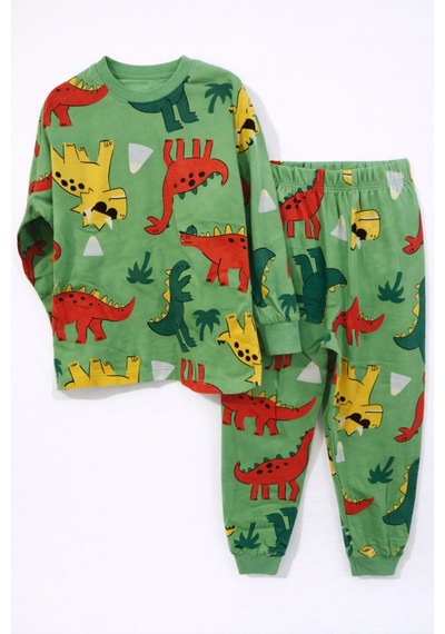 Mini Stella Kids Yeşil Dinozor Desenli Erkek Çocuk Pijama Takımı