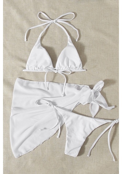 Angelsin Pareolu Bağlamalı 3'lü Bikini Takım Set Çıkartılabilir Kaplı Beyaz