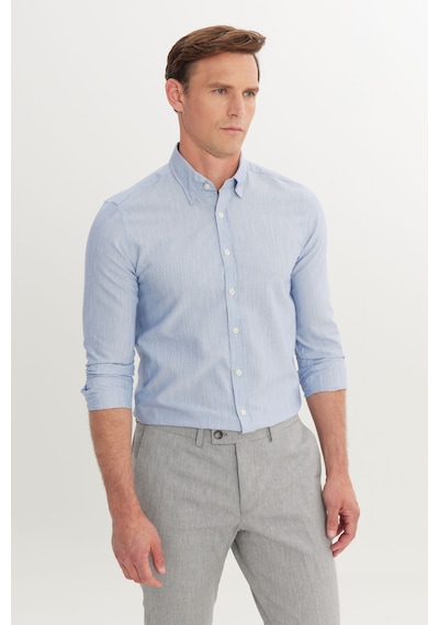 AC&Co / Altınyıldız Classics Erkek Mavı Pamuklu Comfort Fit Rahat Kesim Gizli Düğmeli Yaka Armürlü Gömlek Mavı