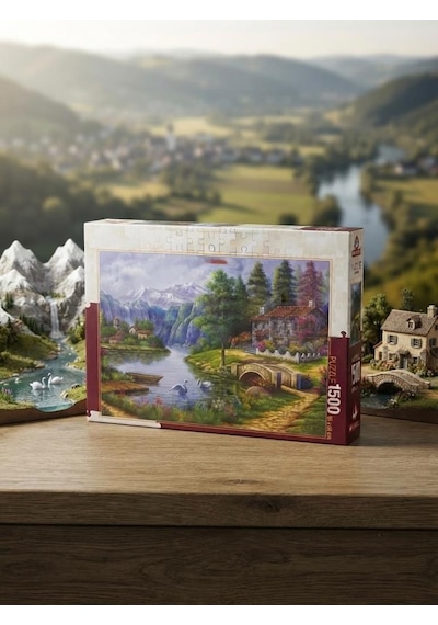 Huzur Dolu Doğa Manzarası 1500 Parça Göl Köy Temalı Eğitici Eğlenceli Hobi Seti Puzzle