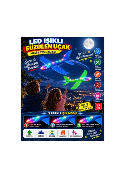 2 Li Led Işıklı Köpük Uçak Seti Mavi & Yeşil Hafif Dayanıklı Fırlatma Uçağı Açık Hava Oyuncağı - 922546684