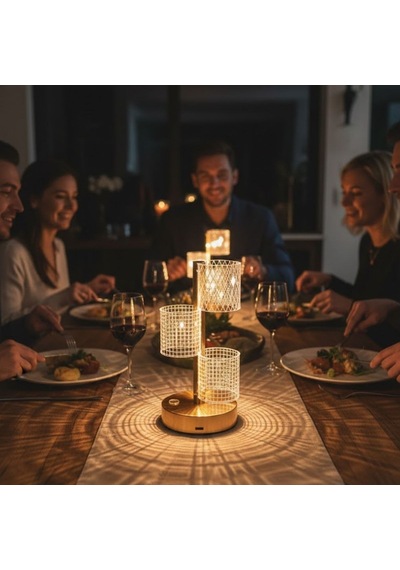 Buffer 3 Parça Silindirik Kristal Ekose Kareli Led Masa Lambası Gold Gövdeli, Dokunmatik, 3 Kademe Işık Ayarlı Şarjlı Şeffaf