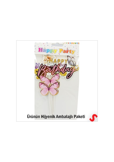 Kelebekli Happy Birthday Pasta Süsü 4 Lü Set - Pembe