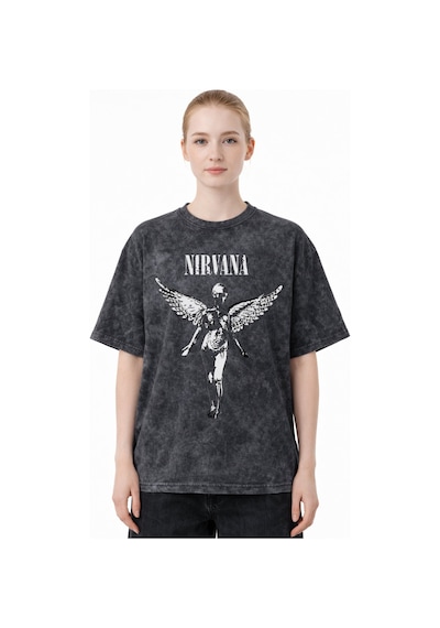 Sevbano Nirvana Rock Metal Müzik Grubu Baskılı Unisex Oversize Eskitme Yı Siyah