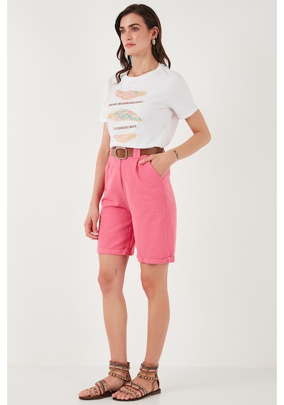 Lela Pamuklu Relaxed Fit Yüksel Bel Kemerli Gabardin Short Bayan Şort 668Yp4710 Fuşya