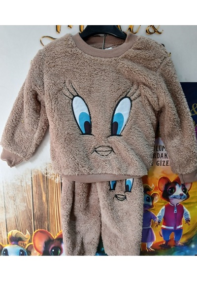 Çocuk Peluş Eşofmen Takımı Civciv Kahverengi