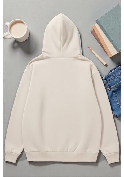 Uyguntarz Unisex Renkli Kurdele Baskılı Kapüşonlu Sweatshirt Bej