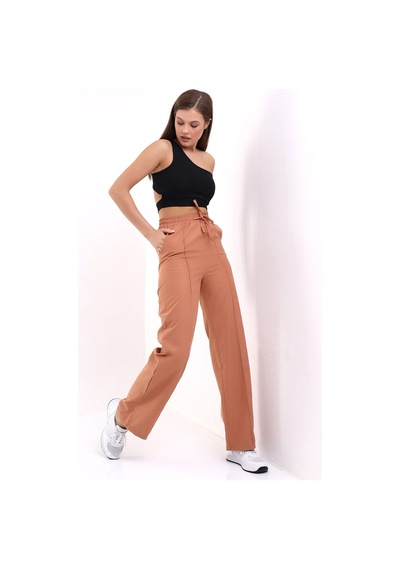 Winmoda34 Kadın Keten Palazzo Pantolon Önü Dikişli Kremit