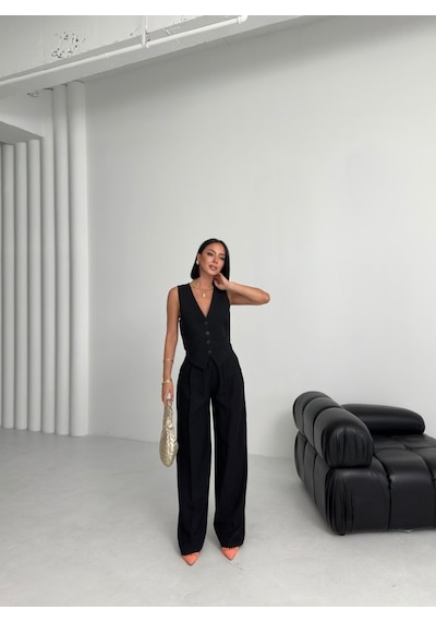 Moderie Butik Keten Sirti Çapraz Geçi Şli Cepken Pantolon Takim Siyah