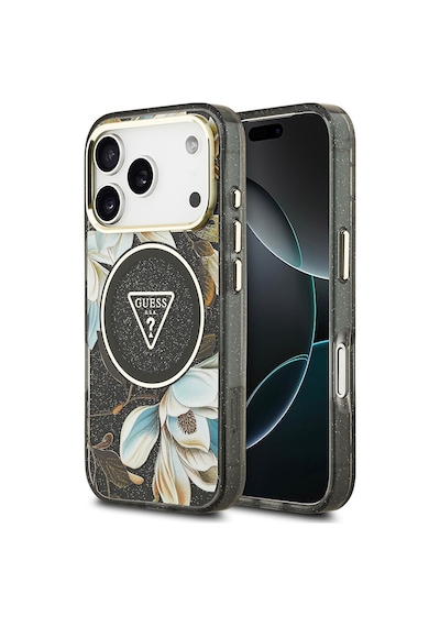 Apple Uyumlu iPhone 17 Pro Kılıf Guess Lisanslı M-safeli Simli Çiçek Desenli Metal Kamera Çerçeveli Kapak Siyah Siyah