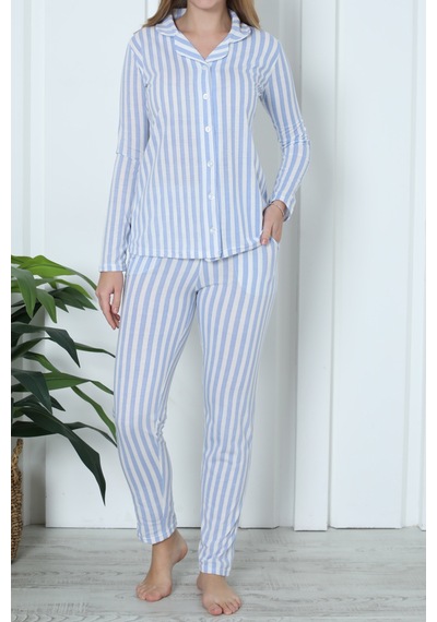 Nicoletta Kadın Pijama Uzun Kollu Düğmeli Pijama Takımı C Nıc1108 Mavi