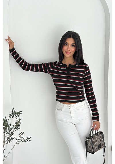 Noa & Noa Kadın Çizgili Düğme Detaylı Bluz Retro Stripe Siyah