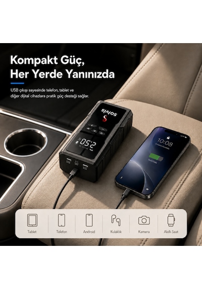 Solvis 4'ü 1 Arada 12v Akıllı Akü Takviye Cihazı, Lastik Şişirme, Powerbank Ve Led Aydınlatma Çanta Hediyeli