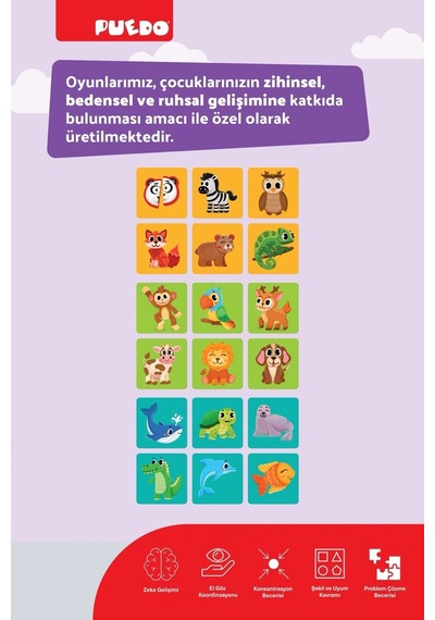 Puedo Memory Hayvanlar Eşleştirme Oyunu 36 Parça Eva Hafıza Oyunu 3+ Eğitici Kart Oyunu