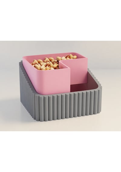 3d Baskı Fıstık Kasesi - Çift Hazneli Kabuk Ayırıcı Sunum Kasesi - Gri Pembe