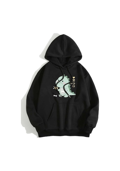 Startmore Siyah Unisex Dino Özel Göğüs Baskılı Oversize Bisiklet Yaka