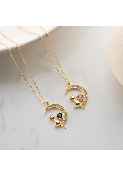 Vaoov 925 Ayar Gümüş Kalp Taşlı Ay Ve Kedi Kolye Gold