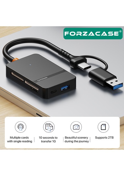 Forzacase FC874  8 İn1 USB-C + USB MS CF/ TF /SD DHC SDXC Kamera Kart Okuyucu