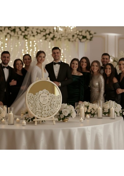 Evlilik Sepetim Düğün-nişan Gold Aynalı Pleksi 50 Cm Yuvarlak Misafir-hatıra Anı Defteri-kutusu + Şövale Ve Kalem Hediyeli
