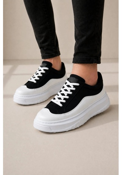 Mevese Ventoy Erkek Bağcıklı Cilt Günlük Sneaker Ayakkabı Siyah Beyaz