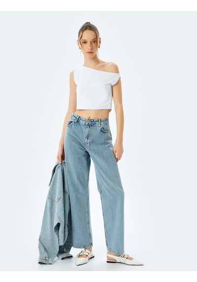 Koton Straight Fit Normal Bel Cepli Kot Pantolon - Straight Jeans Açık İndigo 5sal40048md Açık İndigo