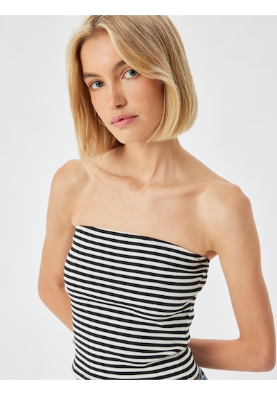 Koton Straplez Crop Üst Ribanalı Slim Fit Siyah Çizgili 4sak10968ek