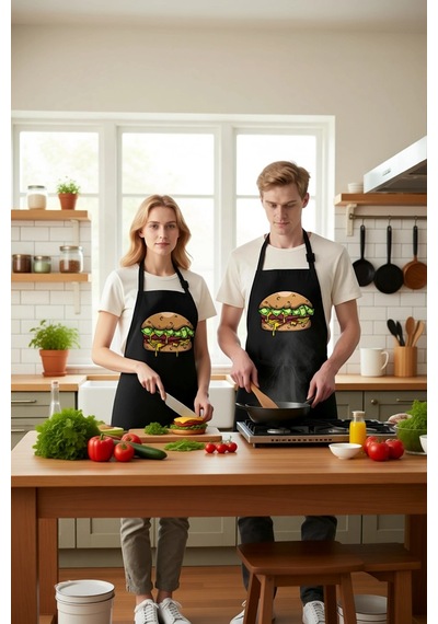 Unisex Mutfak Aşçı Önlüğü Hamburger Para Baskılı Komik Tasarım Gü Siyah