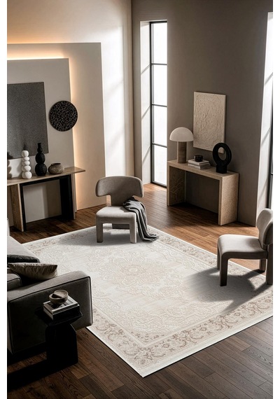 Leon Ln006b Krem Halı Klasik Desen Pamuk Taban Akrilik Tozuaz Salon Yatak Odası Koridor Halısı-907 Krem