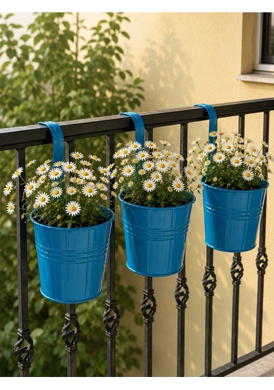 Askılı Balkon Saksı Seti, 3 Adet, Metal, Turkuaz, 1,5lt 001