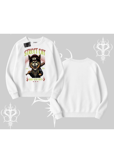 Startmore Street Cat Kedi Baskılı Biskilet Sweatshirt Beyaz