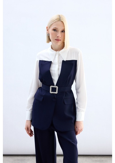 Sateen Ceket Görünümlü Gömlek - Lacivert-136792 Lacivert