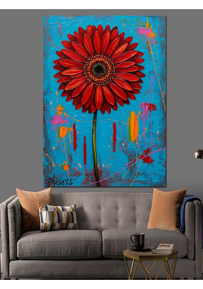 Ahşap Tablo Kırmızı Çiçek Soyut Sanat