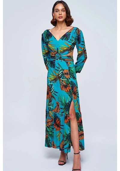 Fashion Cocktail Egzotik Palmiye Desenli Tokalı Göğüs Tasarım Pencereli Yırtmaçlı Uzun Havuz Başı Kokteyl Maxi Elbise Mavi Fashion Cocktail Egzotik Palmiye Desenli Tokalı Göğüs Tasarım Pencereli Yırtmaçlı Uzun Havuz Başı Kokteyl Maxi Elbise Mavi