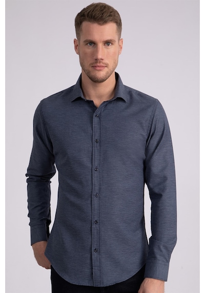 Tudors Slim Fit Dar Kesim Armürlü Erkek Gömlek-22225 Lacivert