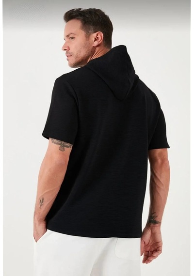 Erkek Kapüşonlu Tişört Kısa Kol Düz Oversize T-shirt - Siyah